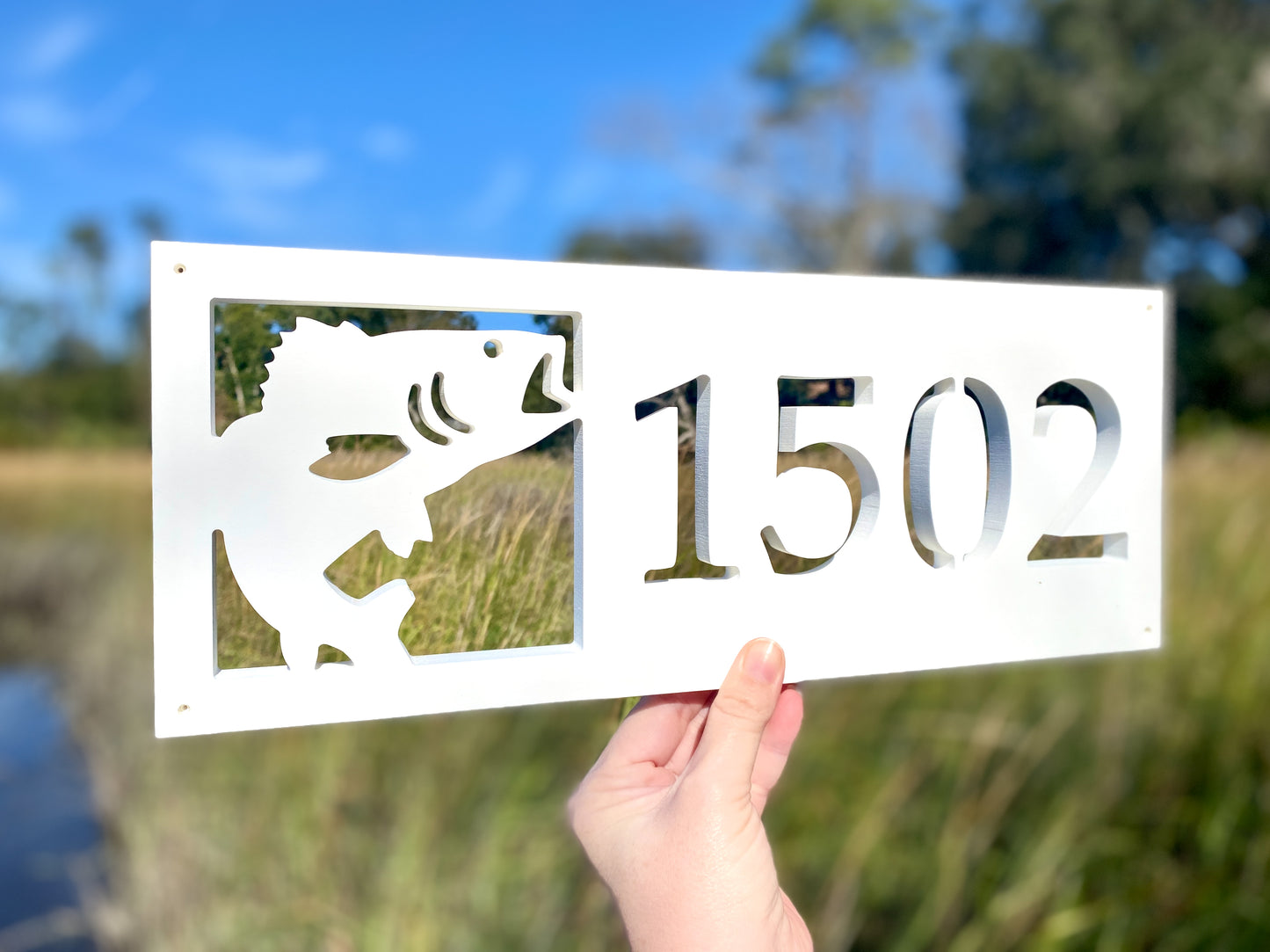 Weatherproof Bass Fish Address Sign, House Numbers for Lake House or River Home Decor, Mountain Home Cabin Exterior Sign