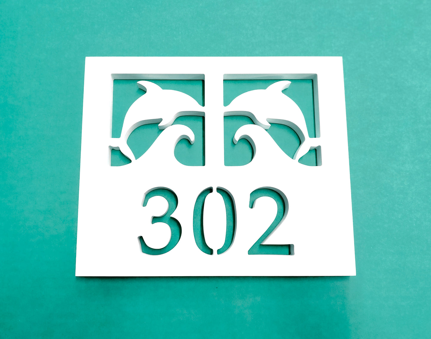 Double Dolphin with Wave Address Sign for Beach House, Rectangular Coastal House Numbers, Weatherproof PVC Outdoor Nautical Address Numbers