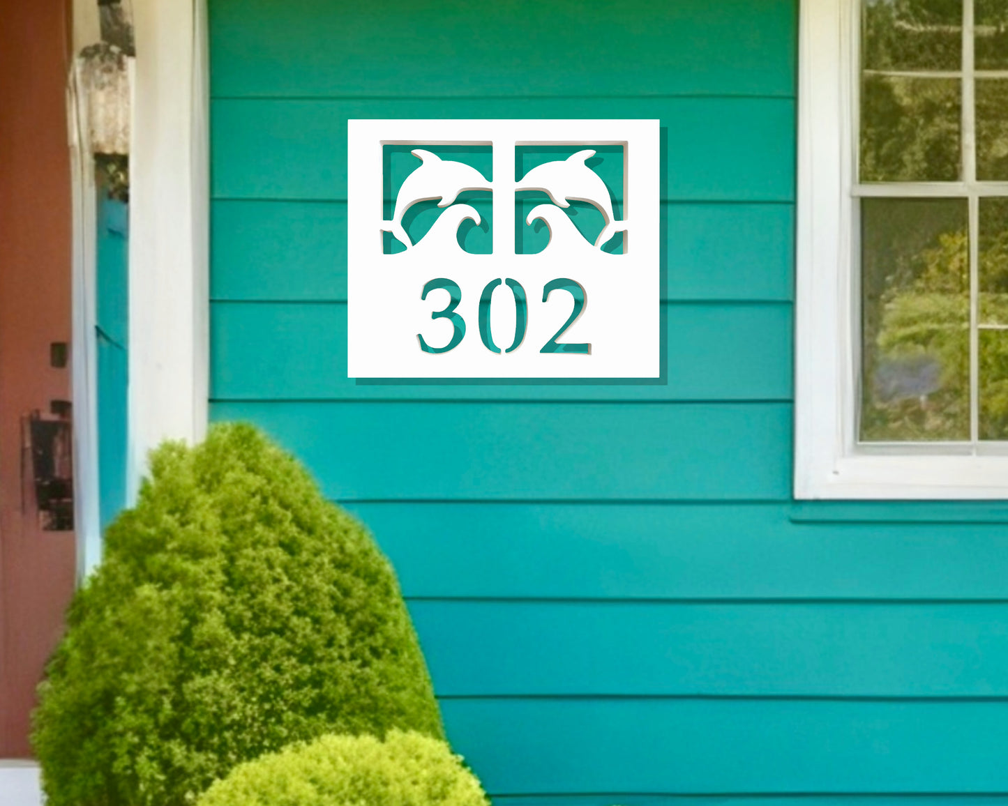 Double Dolphin with Wave Address Sign for Beach House, Rectangular Coastal House Numbers, Weatherproof PVC Outdoor Nautical Address Numbers