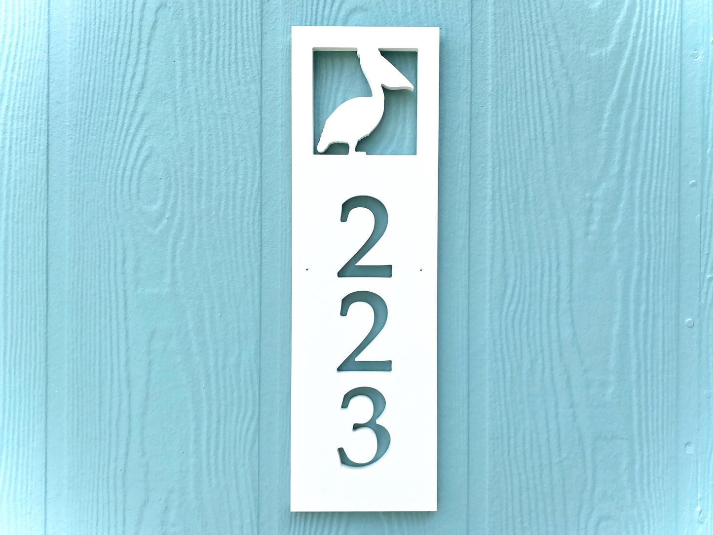 Vertical Pelican Address Sign for House, Coastal Beach House Address Plaque, PVC Weatherproof House Numbers, Exterior Pelican Home Decor