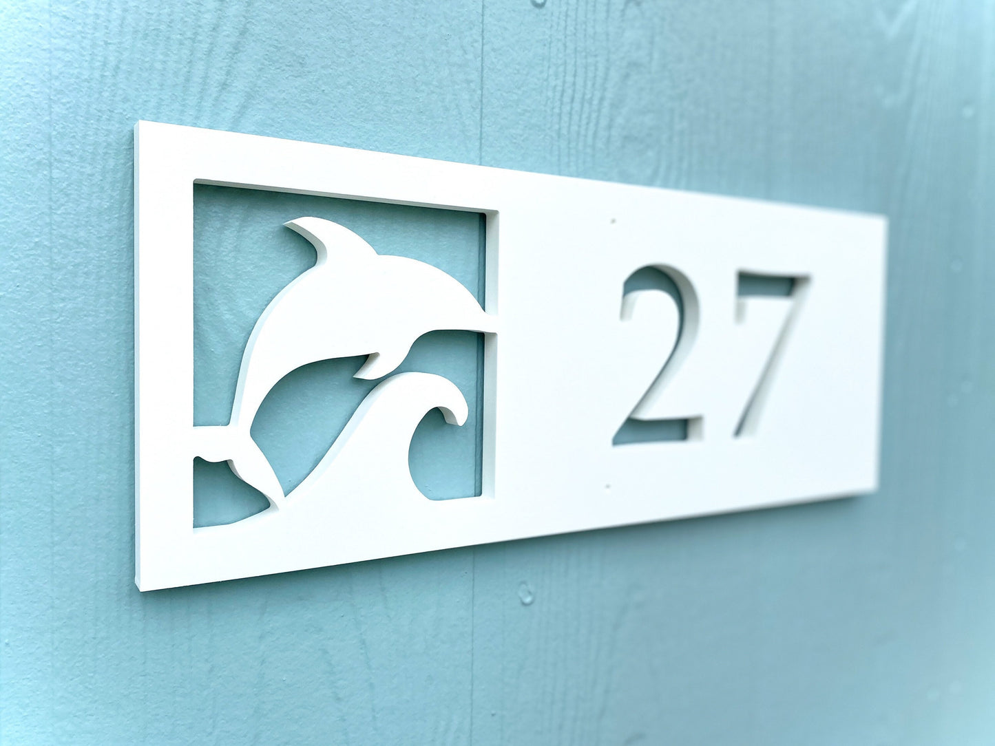 Horizontal Dolphin Address Sign for House, Coastal Beach House Exterior Decor, Outdoor PVC Weatherproof House Numbers, Custom Porpoise Sign