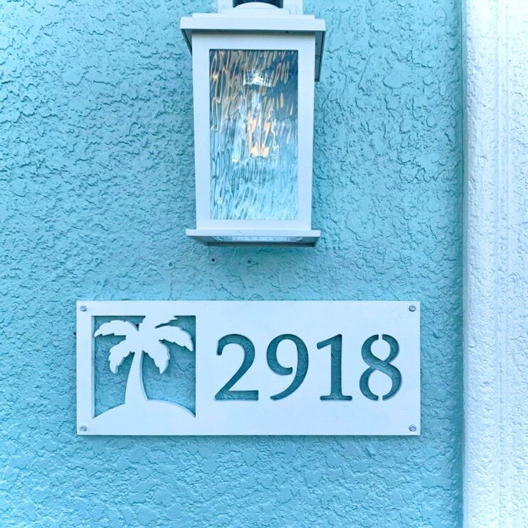 Horizontal Palm Tree Address Sign for House, Coastal Beach House Exterior Decor, Outdoor Weatherproof House Numbers, Tropical Home Decor