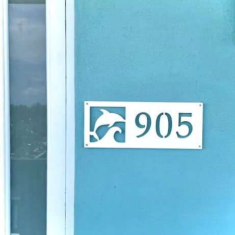 Horizontal Dolphin Address Sign for House, Coastal Beach House Exterior Decor, Outdoor PVC Weatherproof House Numbers, Custom Porpoise Sign