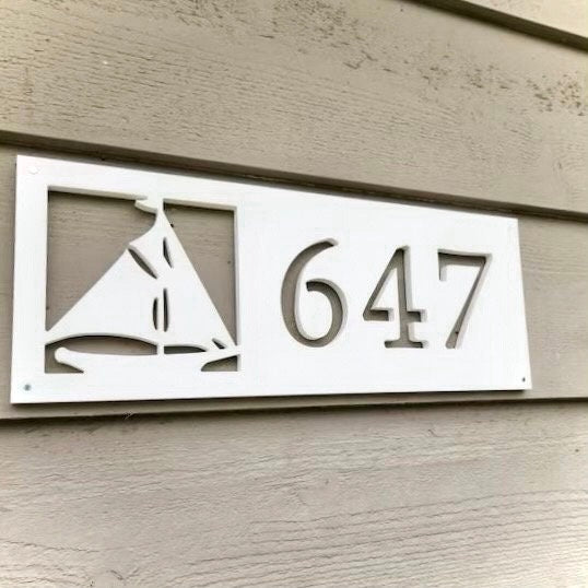 Sailboat Address Sign, Weatherproof Horizontal House Numbers, Nautical Address Plaque, Sailing Home Decor, Coastal Beach House Decor