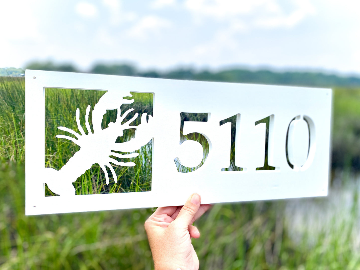 Horizontal Lobster Address Sign for House, Coastal Beach House Exterior Decor, Outdoor PVC Weatherproof House Numbers