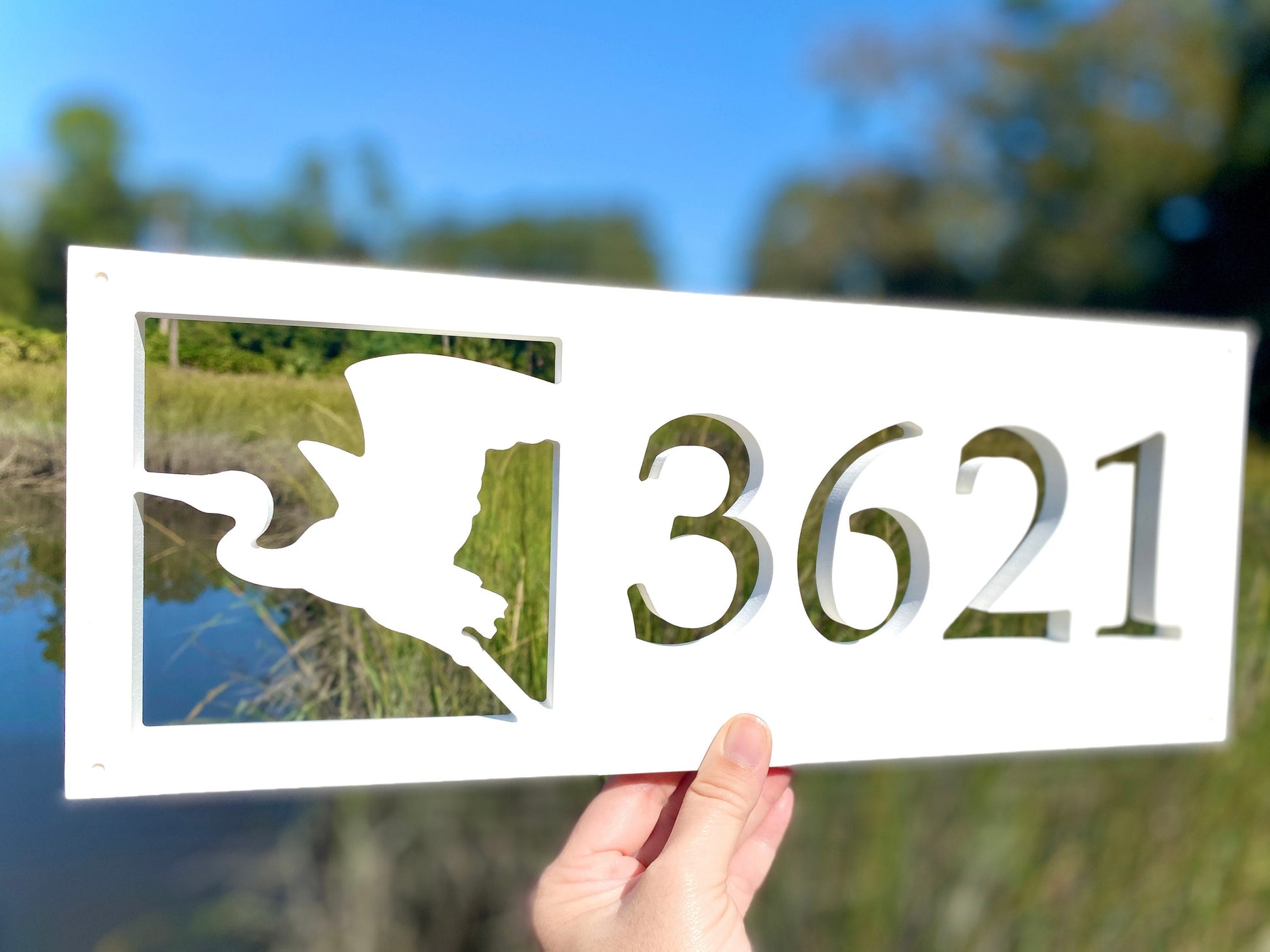 Egret Heron Address Sign, Horizontal Weatherproof House Numbers, Coastal Home Address Plaque, Marsh Bird Decor, Beach House Exterior Decor