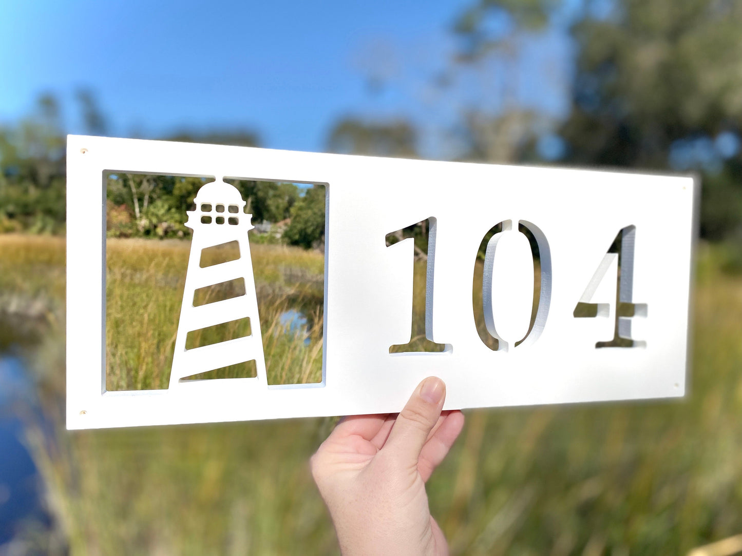 Lighthouse Address Numbers, Weatherproof Horizontal Address Sign for Beach House, Nautical House Numbers, Exterior Coastal Home Decor