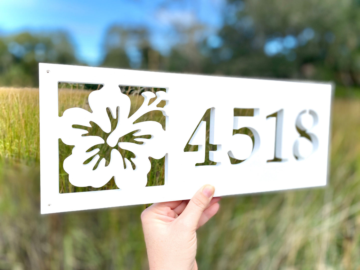 Horizontal Hibiscus Flower Address Sign for House, Tropical Home Decor, Beach House Exterior Decor, Outdoor PVC Weatherproof House Numbers