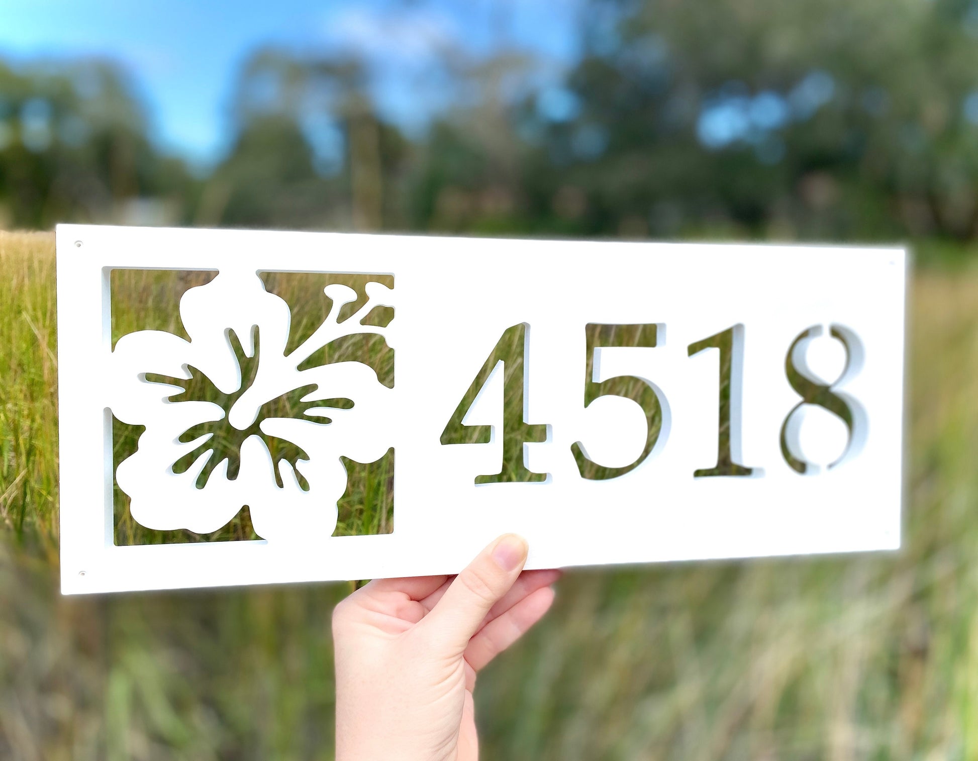 Horizontal Hibiscus Flower Address Sign for House, Tropical Home Decor, Beach House Exterior Decor, Outdoor PVC Weatherproof House Numbers