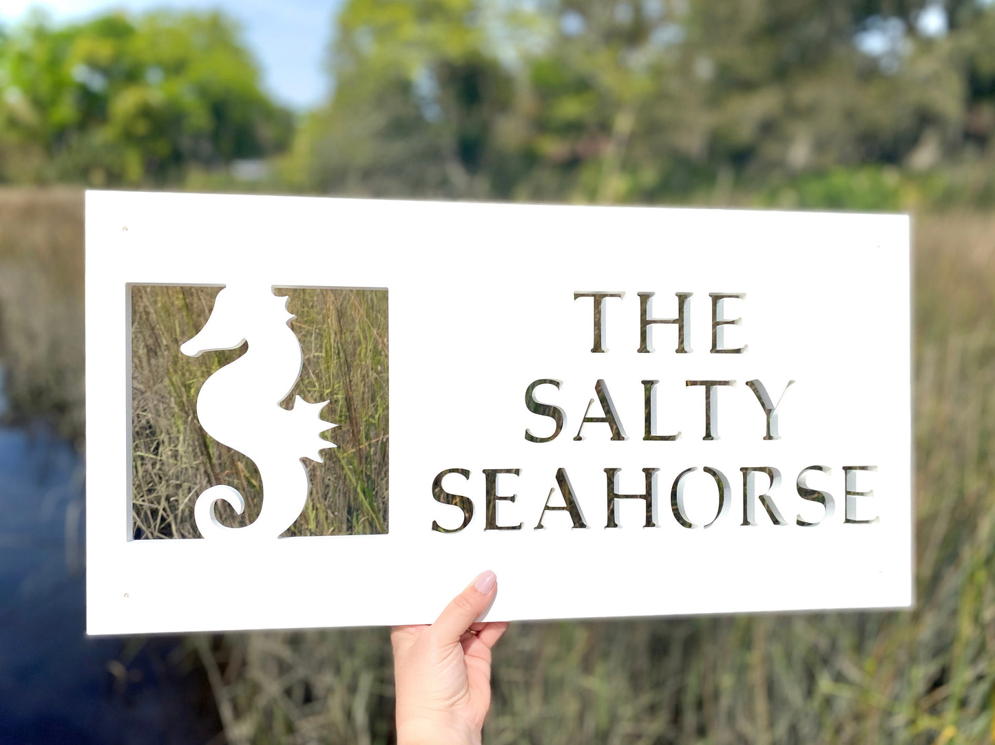 Custom Seahorse House Name Sign, Weatherproof Personalized Home Name, Coastal Beach House Decor, Outdoor Exterior PVC Sign, Coastal Cottage