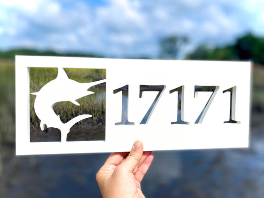 Marlin Fish Address Sign, Horizontal Beach House Numbers, Weatherproof PVC Address Plate, Coastal Beach House Decor, Housewarming Gift