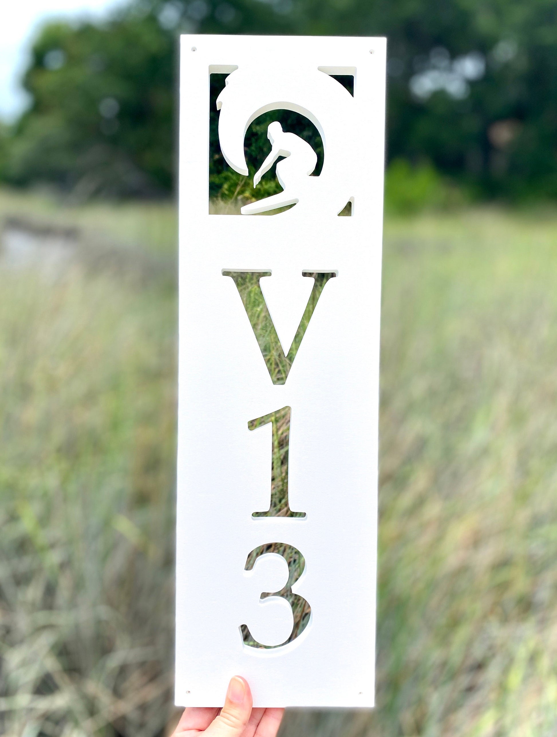 Surfing Address Sign for Beach House, Vertical House Numbers, Weatherproof Surfer on Surfboard, Coastal Home Address Plaque, Exterior Decor