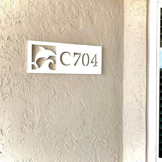 Horizontal Dolphin Address Sign for House, Coastal Beach House Exterior Decor, Outdoor PVC Weatherproof House Numbers, Custom Porpoise Sign