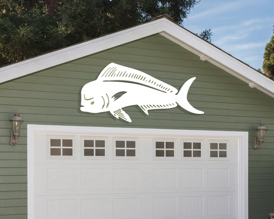 Outdoor Mahi Mahi Fish Wall Art, Weatherproof Dolphinfish Sign for Beach House, Saltwater Fishing Decor, Large Exterior Coastal Home Mahi Fish Art