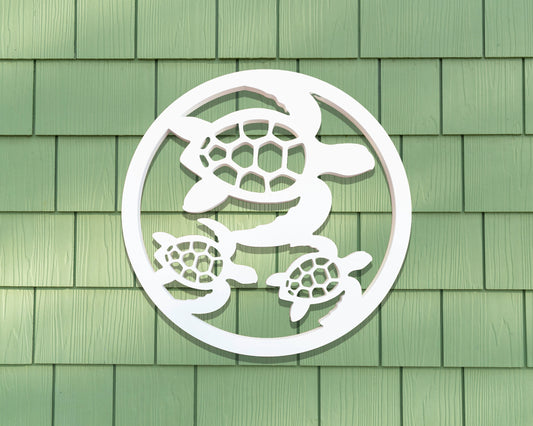 Outdoor Sea Turtle Trio Wall Art for Beach House, Weatherproof PVC Sea Turtle with Babies Sign, Large Exterior Coastal Home Decor