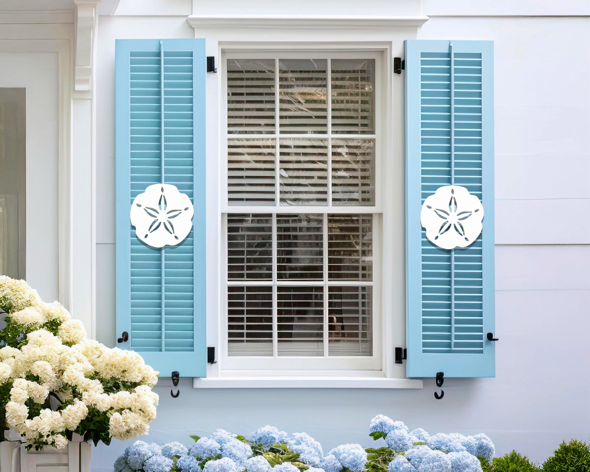 sand dollar shutter embellishments for coastal beach house exterior decor